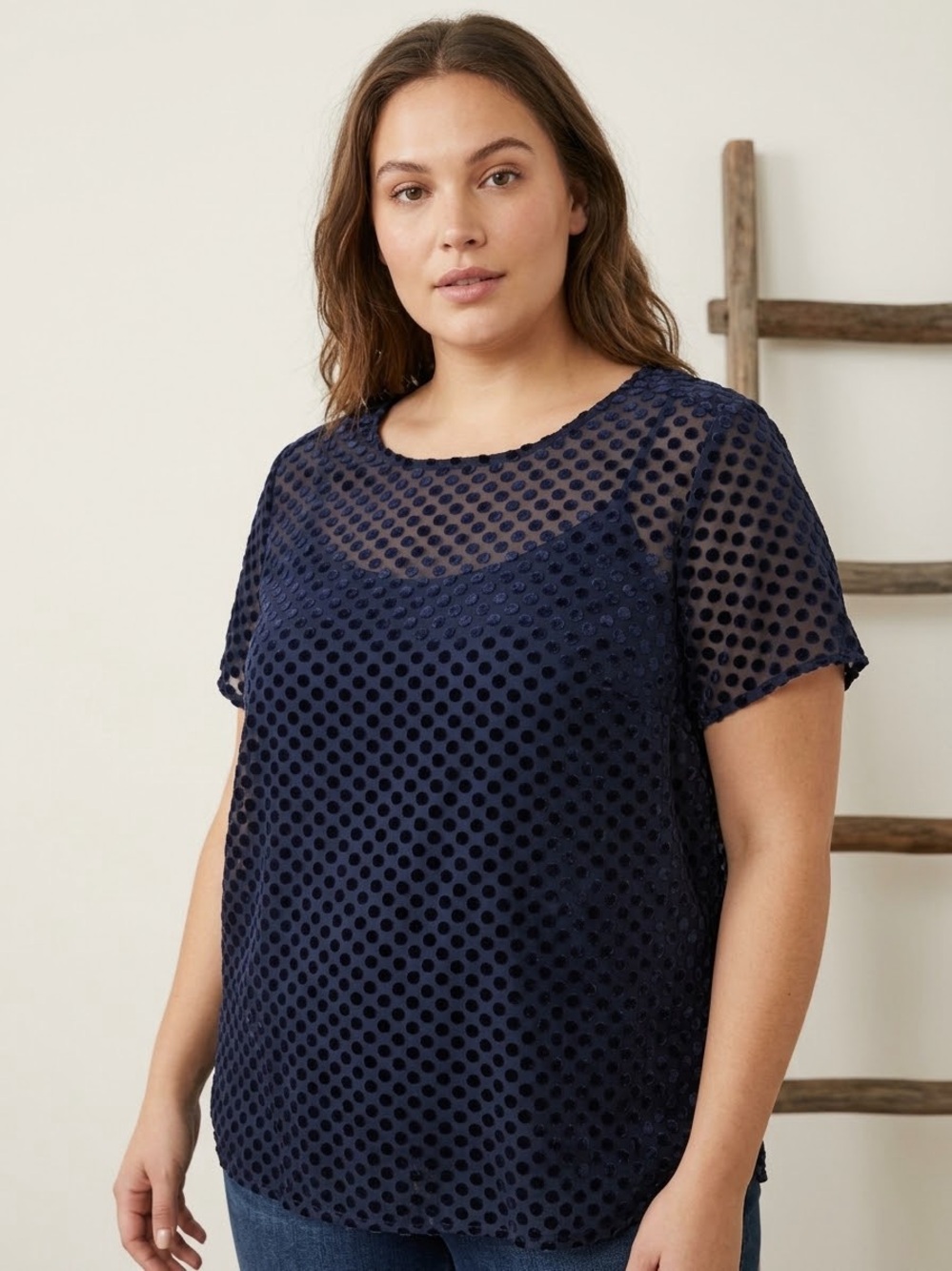 LOFT Navy Sheer Dot Short Sleeve Blouse